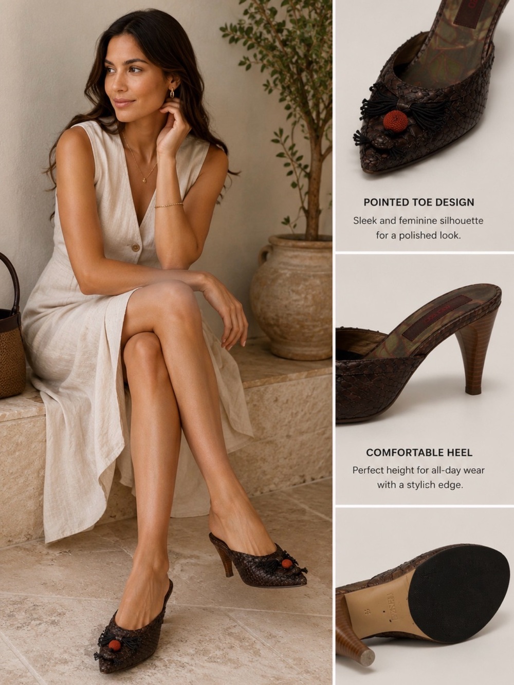 Kenzo Brown Woven Pointed Slip-On Mules with Orange Button Detail